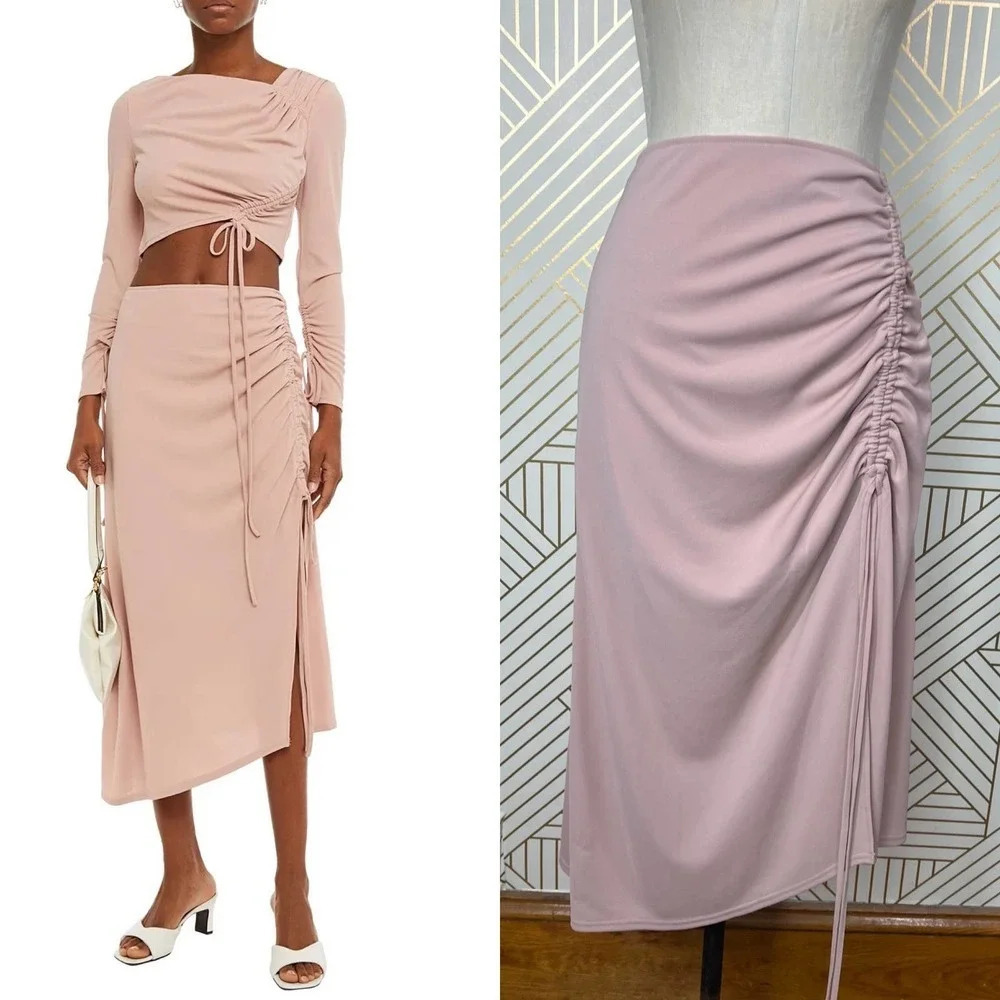 Nicholas Alice Ruched Stretch-Crepe Midi Skirt Oat Pink Size 4